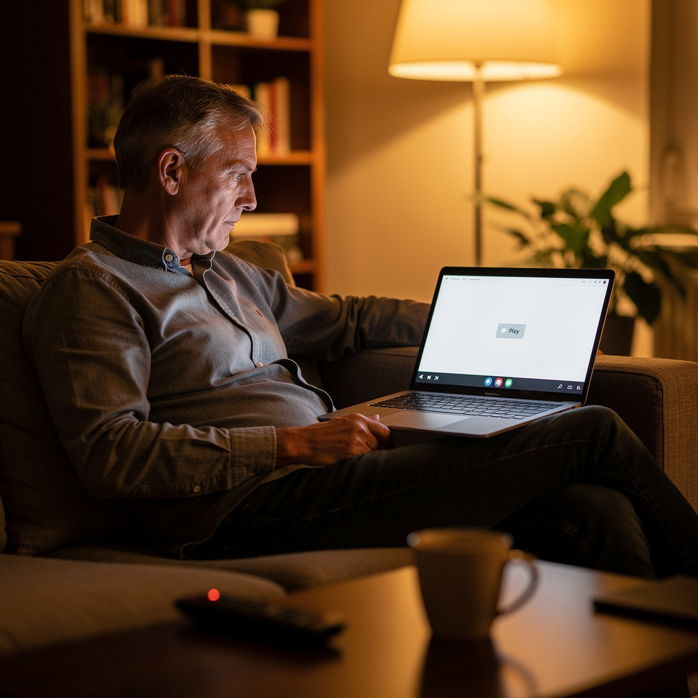 Mann schaut Streaming-Inhalte auf einem Laptop im Homeoffice