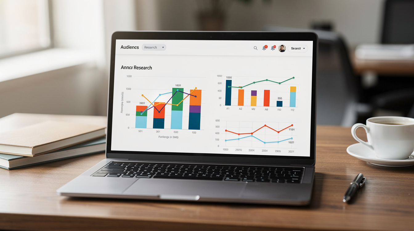 Schreibtisch mit Laptop, der Diagramme und Statistiken zu Publikumsforschung zeigt